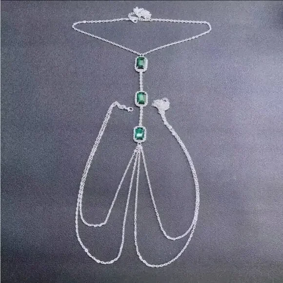 Emerald Silver Zircon Body Chain, Elegant, Classy, Minimalist, Punk - Picture 3 of 5